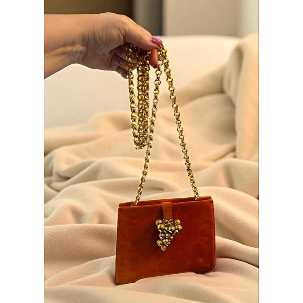 Salvatore Ferragamo Orange Suede Gold Chain Clutch Bag w/ Gold Crossbody Chain